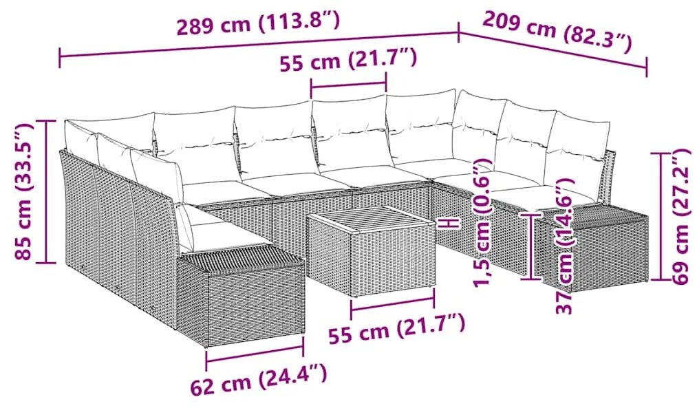 Conjunto de Sofá de Jardim com 10 Peças e Almofadas Bege em Rattan Sin