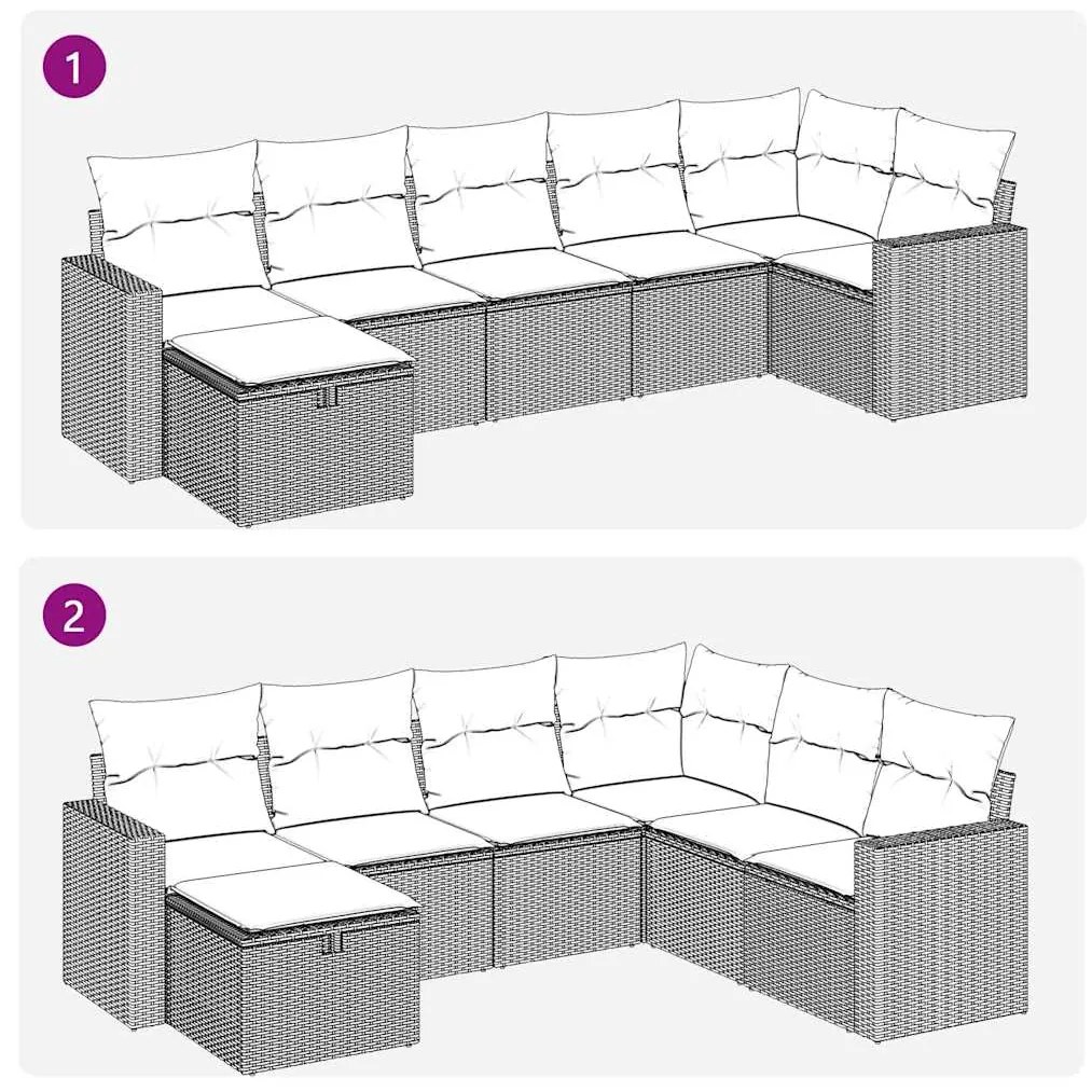 7 pcs conjunto de sofás jardim c/ almofadões vime PE castanho