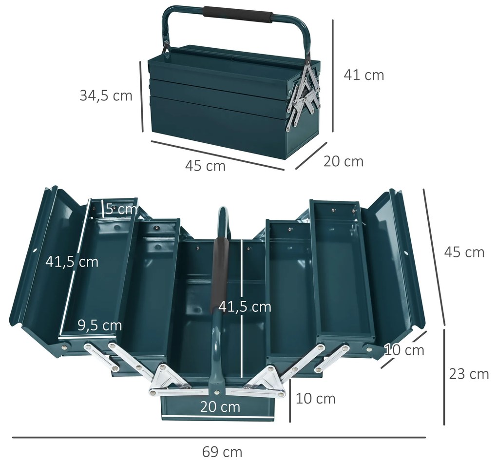 Caixa de Ferramentas de Aço Dobrável com 5 Compartimentos Mala de Ferramentas com Pega para Oficina e Casa 45x20x34,5 cm Verde