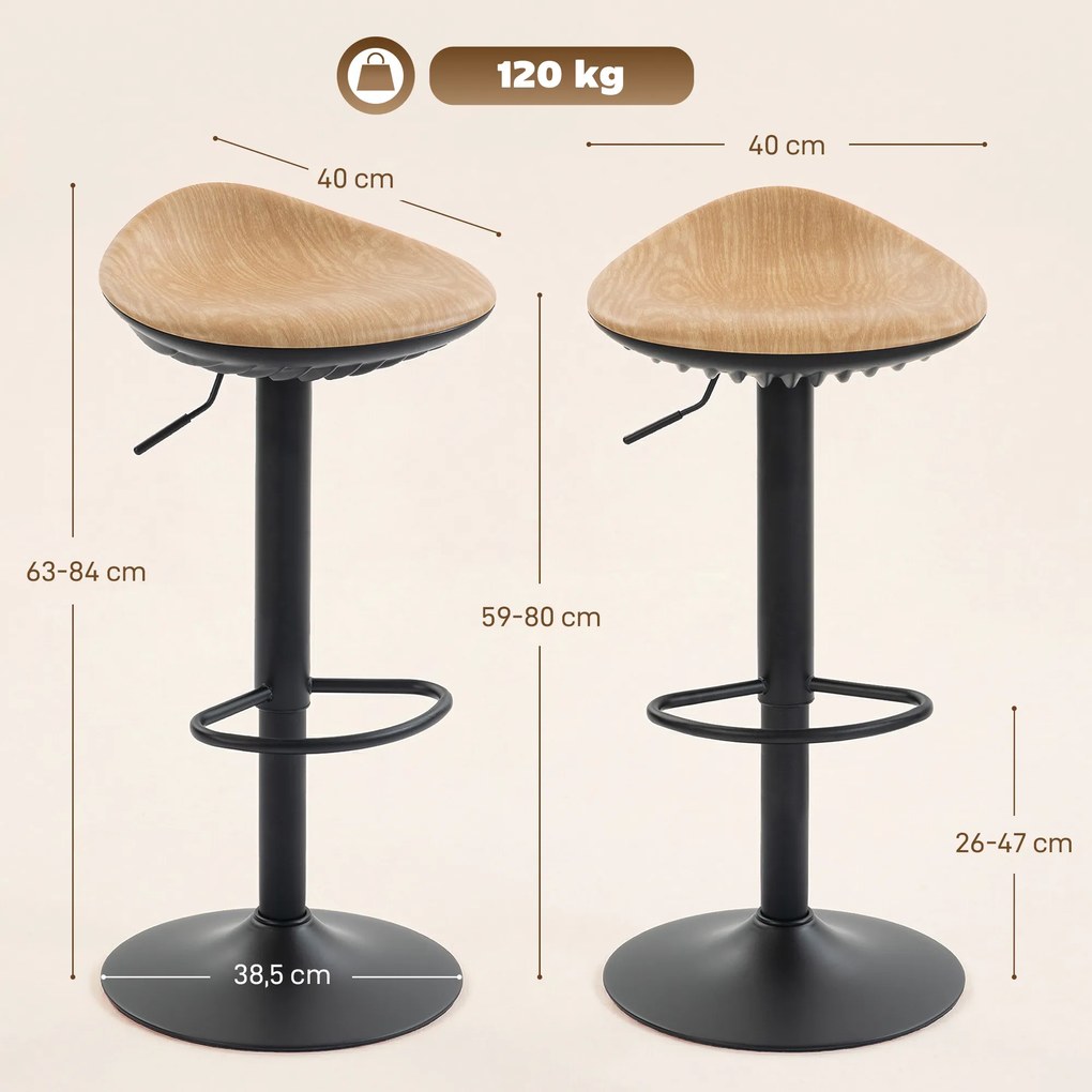 Conjunto de 2 bancos de bar, cadeiras de bar com altura ajustável e apoio para os pés, giratórias a 360°, base em aço, cor carvalho