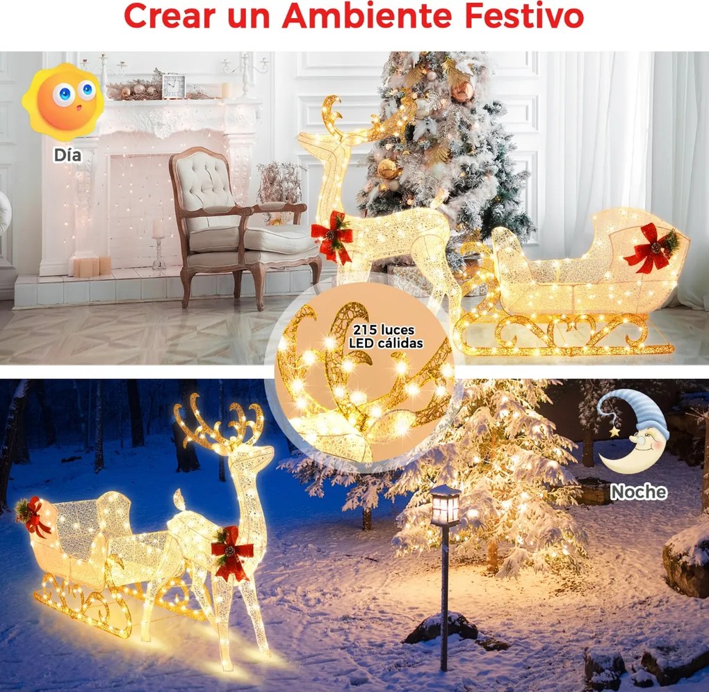 Conjunto de Rena e Trenó do Pai Natal, 50 x 184 x 123 cm, Pré-iluminado com 215 Luzes LED, Branco