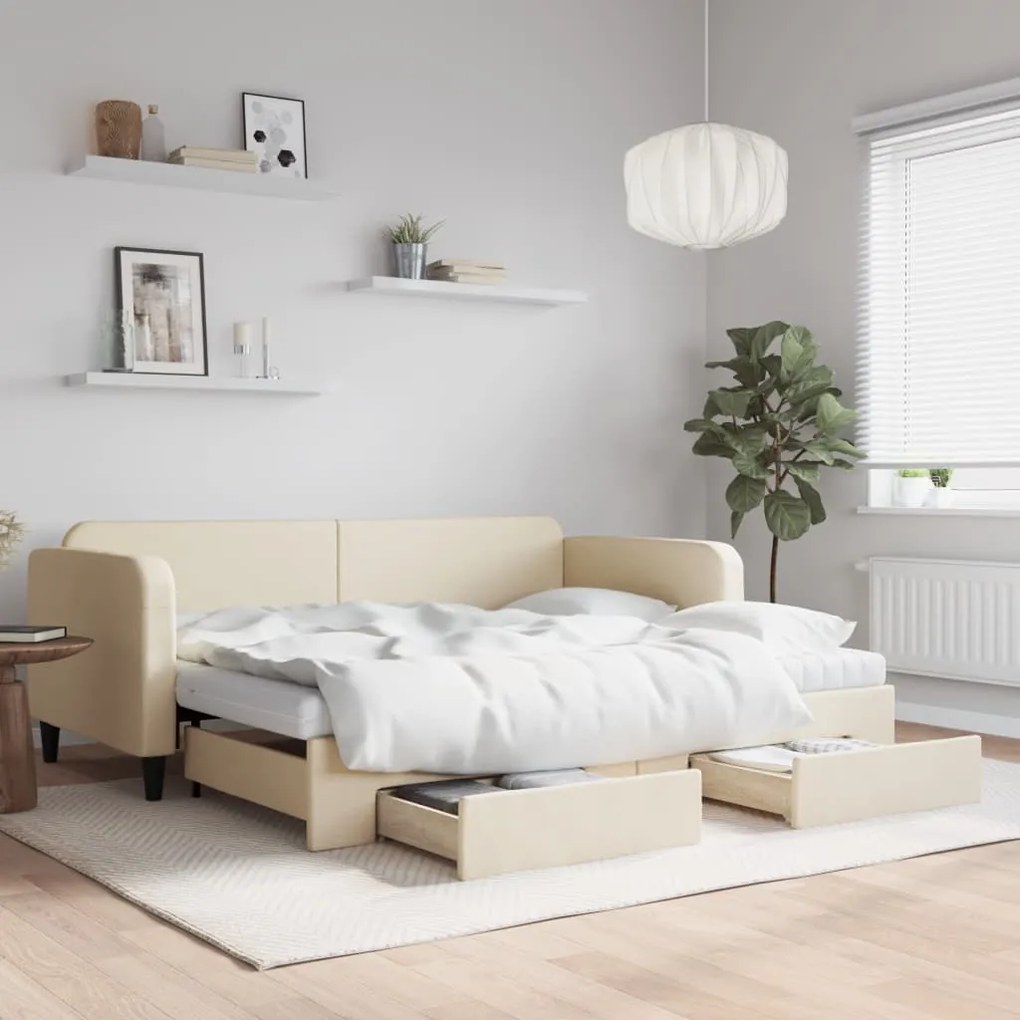 vidaXL Sofá-cama com gavetão e gavetas 90x200 cm tecido cor creme