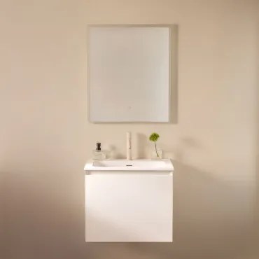 Conjunto De Móvel De Casa De Banho Suspenso Em Madeira Com Lavatório Integrado Macrae Branco & Led Retangular E Anti-embaciamento 60x70 Cm Riben -