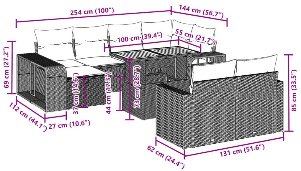 11 pcs conjunto sofás de jardim c/ almofadões vime PE bege