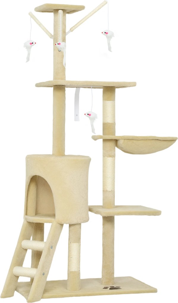 PawHut Arranhador para Gatos com Caverna Plataformas Rato de Brinquedo Rede e Postes de Sisal 60x35x134 cm Bege | Aosom Portugal