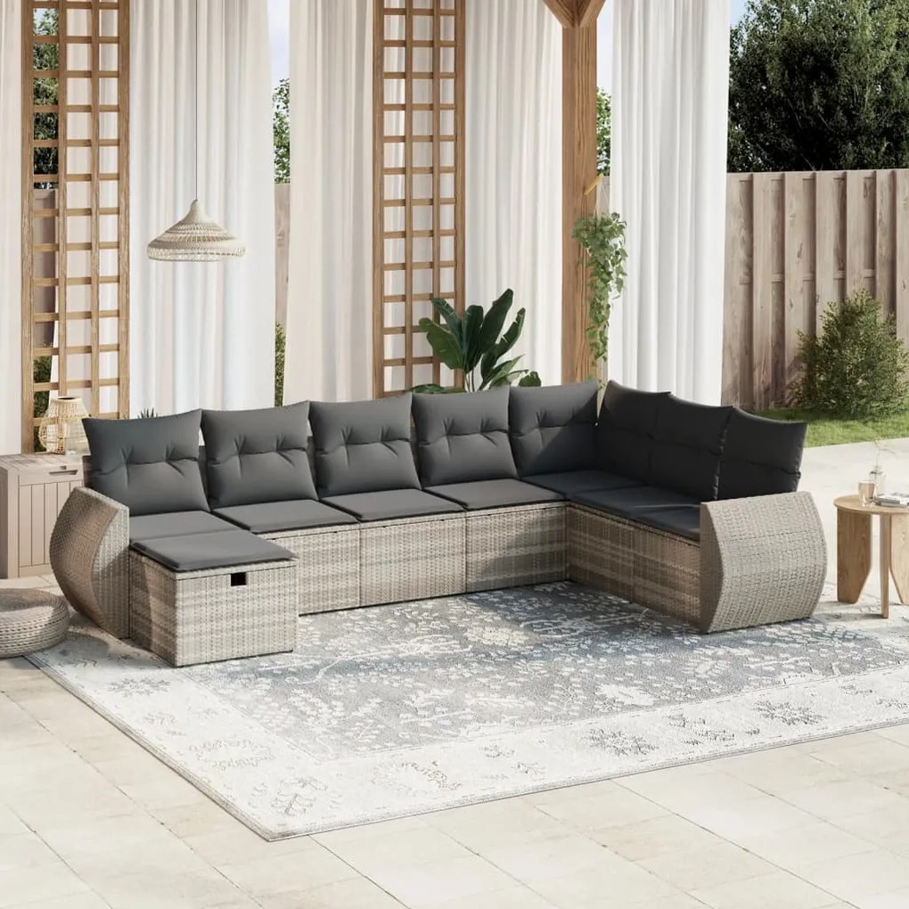 8 pcs conj. sofás jardim c/ almofadões vime PE cinzento-claro
