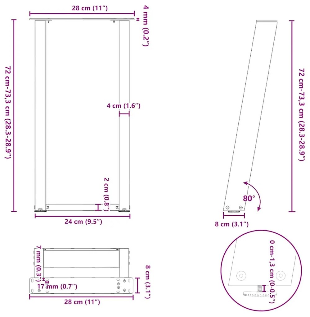 Pés de mesa de console em forma de U, 2 peças, branco, 28x(72-73) cm,