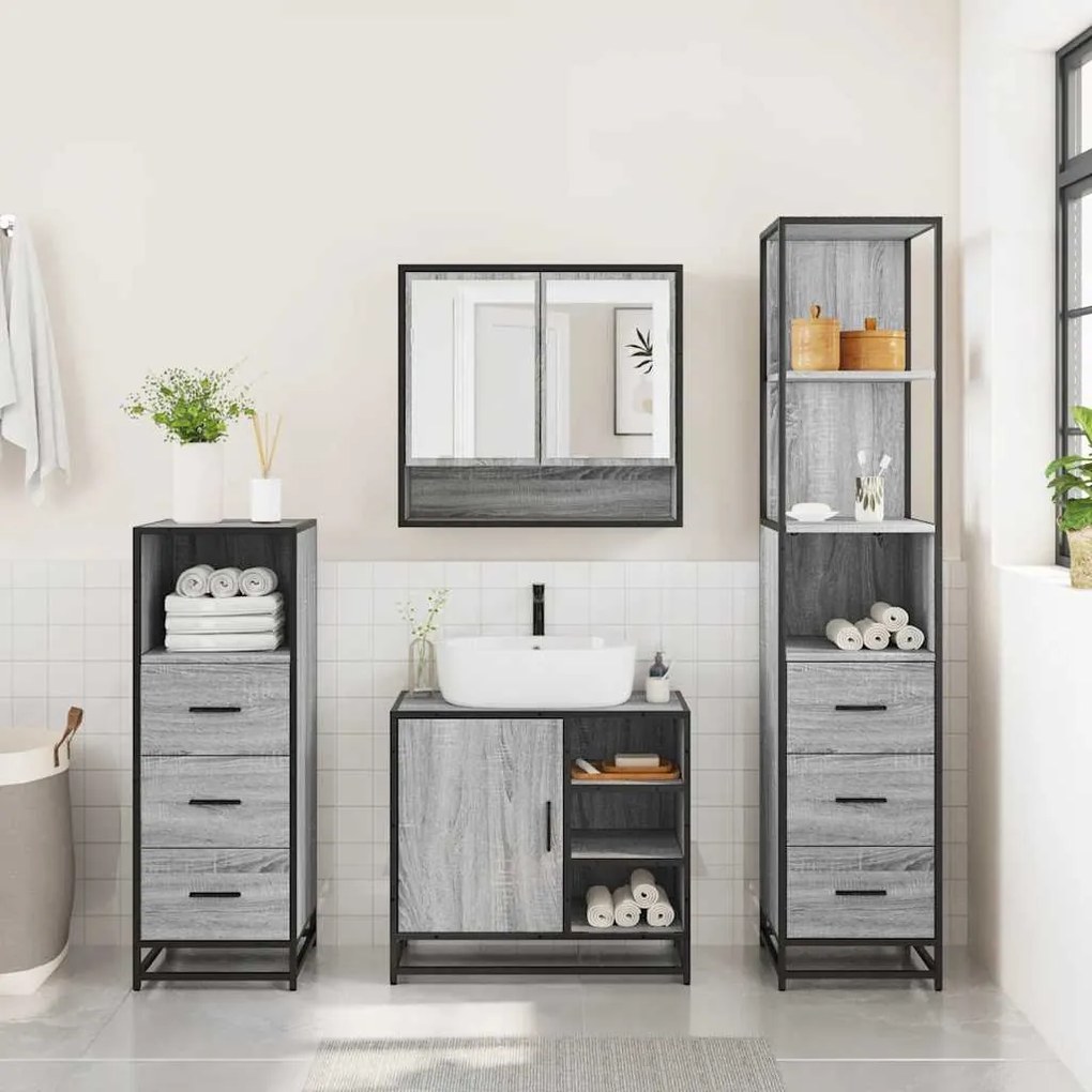 4 pcs Conjunto móveis casa de banho madeira proc. cinza sonoma