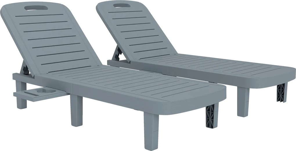 Outsunny Conjunto 2 Espreguiçadeiras com Encosto Ajustável e Tabuleiros em Polipropileno 62x158x88 cm Cinza Escuro | Aosom Portugal