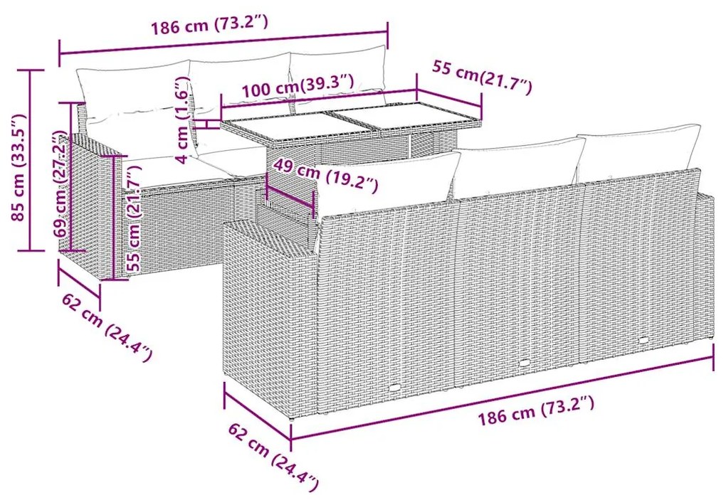 7 pcs conjunto sofás p/ jardim c/ almofadões vime PE cinzento