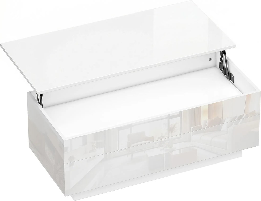 HOMCOM Mesa de Centro Elevável, Mesa de Sala Moderna com Compartimento Oculto e 2 Gavetas, Branco Alto Brilho | Aosom Portugal