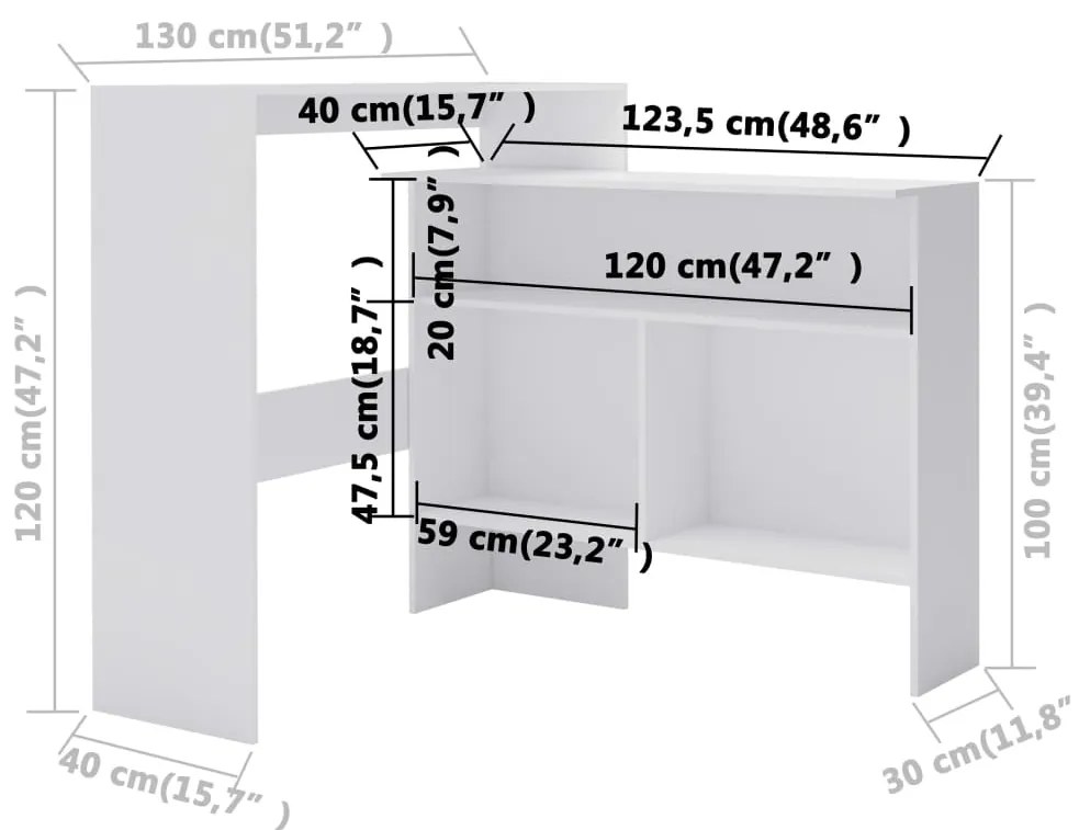 Mesa de bar com 2 tampos branco 130x40x120 cm
