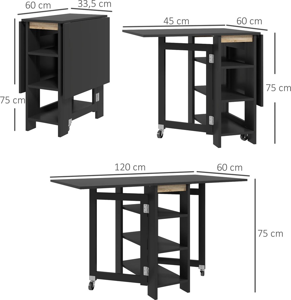 Mesa de cozinha e de jantar dobrável e desmontável 120 x 60 x 75 cm, com 3 prateleiras e 2 abas, design moderno, preta