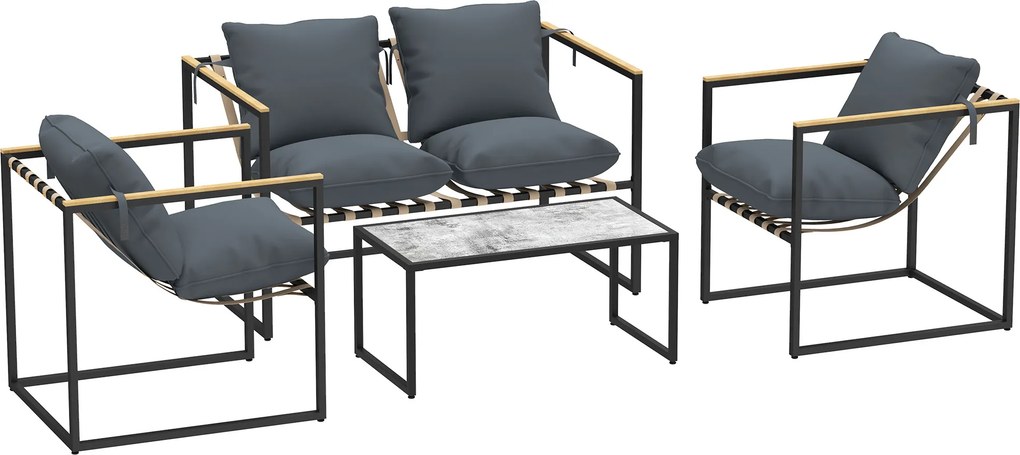 Outsunny Conjunto de móveis de jardim 4 peças, conjunto de exterior, 2 poltronas, sofá de 2 lugares, 1 mesa, estofado, aço, poliéster, Cinza | Aosom Portugal