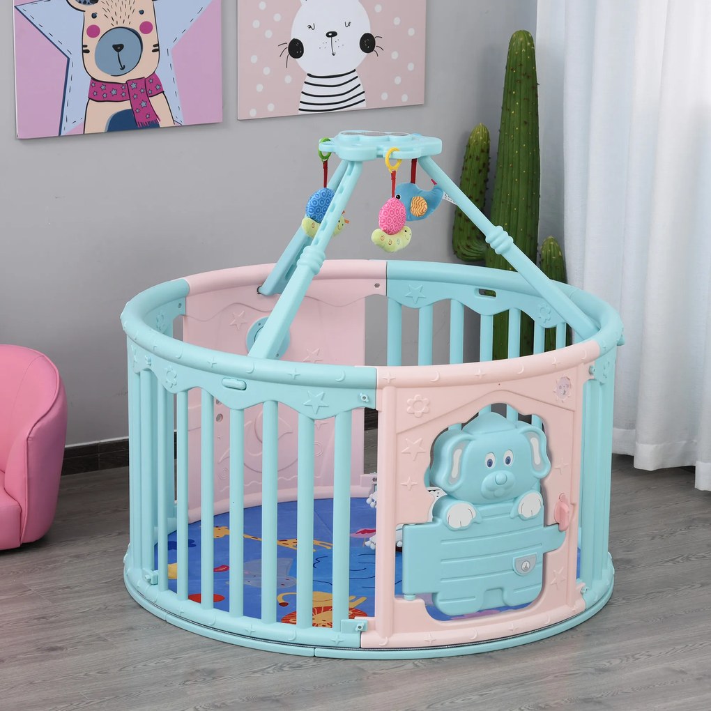HOMCOM Parque infantil redondo Parque infantil de segurança para bebês Berço com Tapete Brinquedos divertidos Trava Dupla Altura 65,5 cm rosa e azul