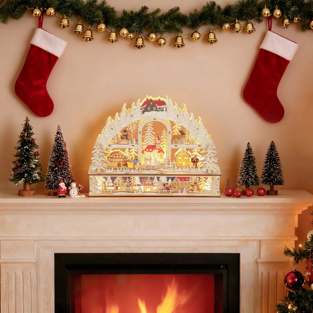 Aldeia de Natal iluminada com 20 LEDs, aldeia de Natal animada em forma de arco, funciona a pilhas, 45 x 10 x 35 cm, madeira natural