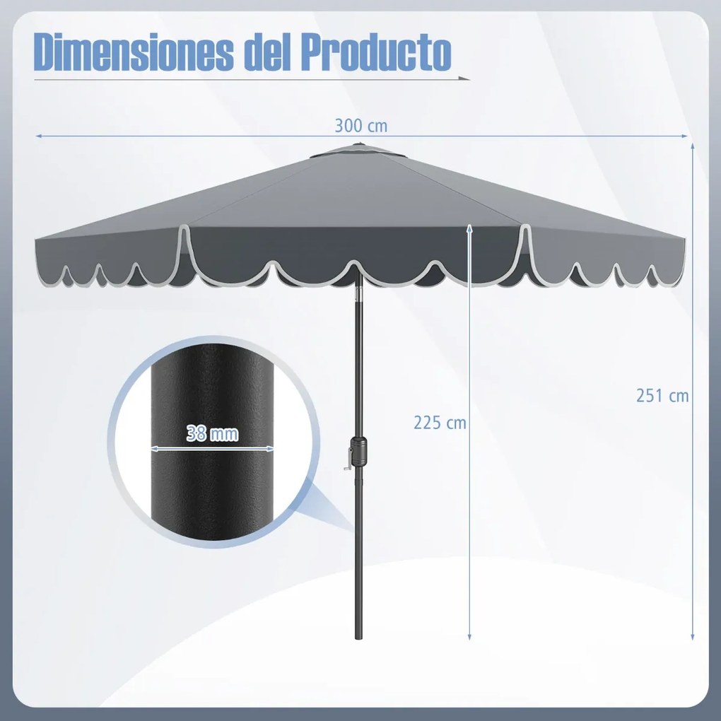 Guarda-sol 300 x 251 cm com manivela, inclinação com botão, ventilação superior e 8 varas para piscina ou praia, cinza
