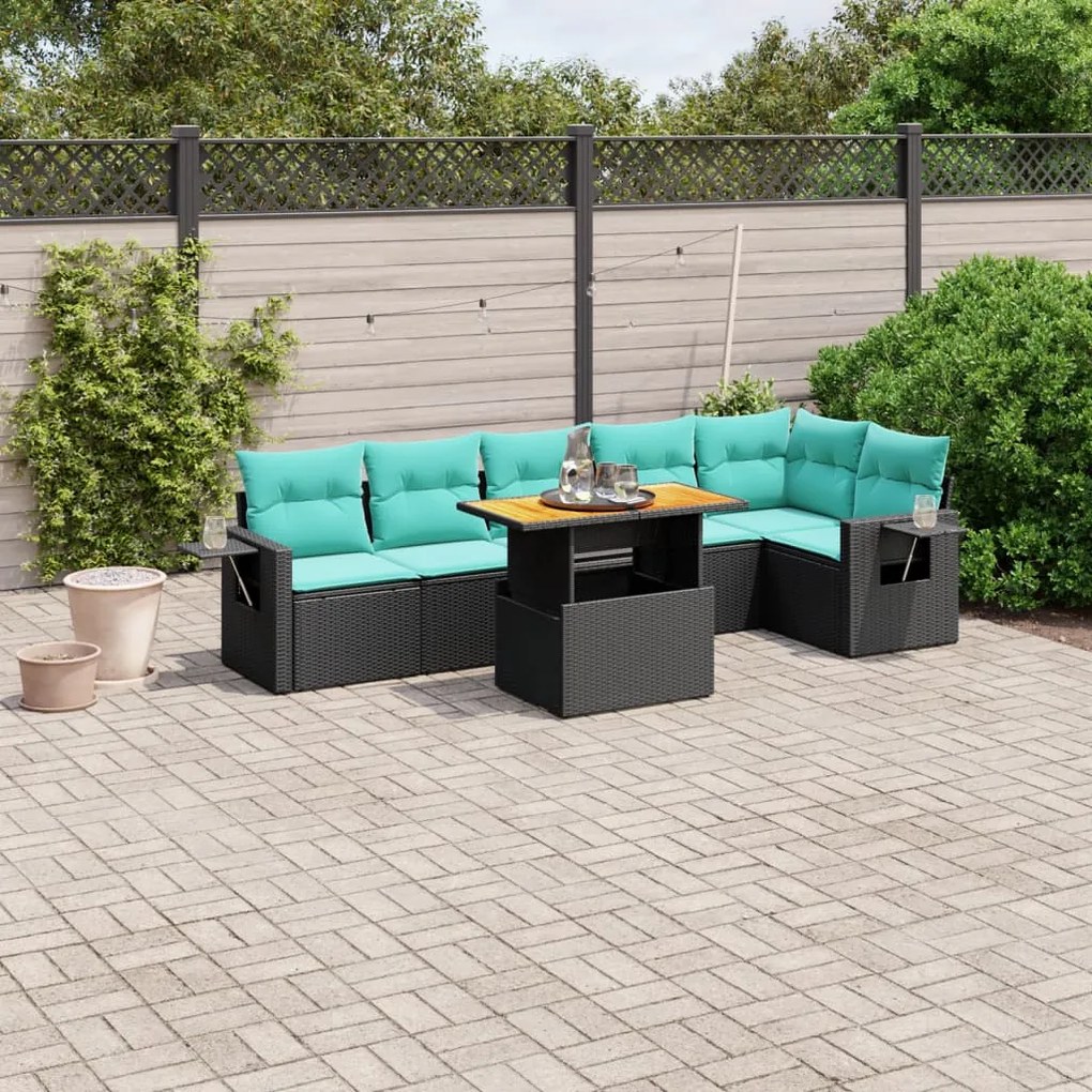 vidaXL 7 pcs conjunto de sofás p/ jardim c/ almofadões vime PE preto