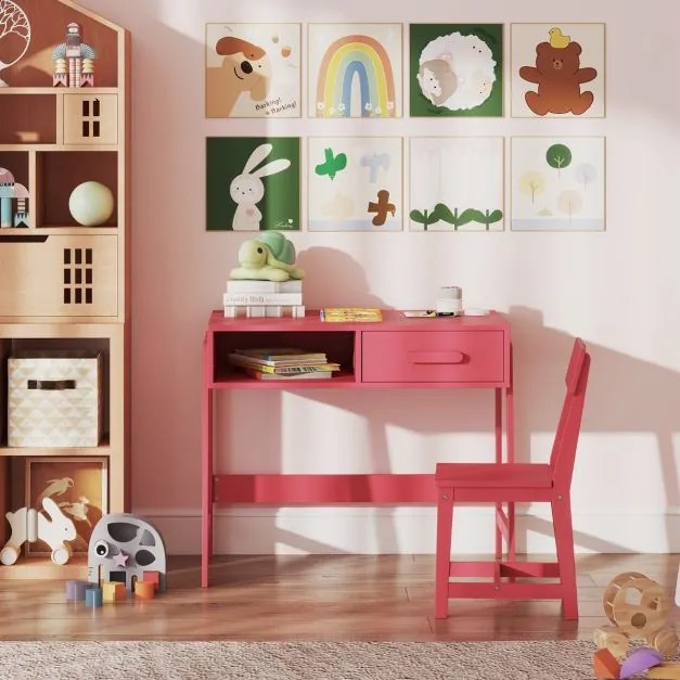 Conjunto de secretária e cadeira para crianças com gaveta e estante Rosa