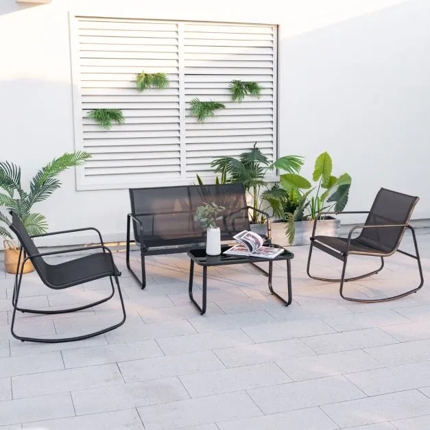 Conjunto de cadeiras de baloiço de jardim de 4 peças, com 2 cadeiras de baloiço Sofá de 2 lugares e mesa com tampo de vidro Preto