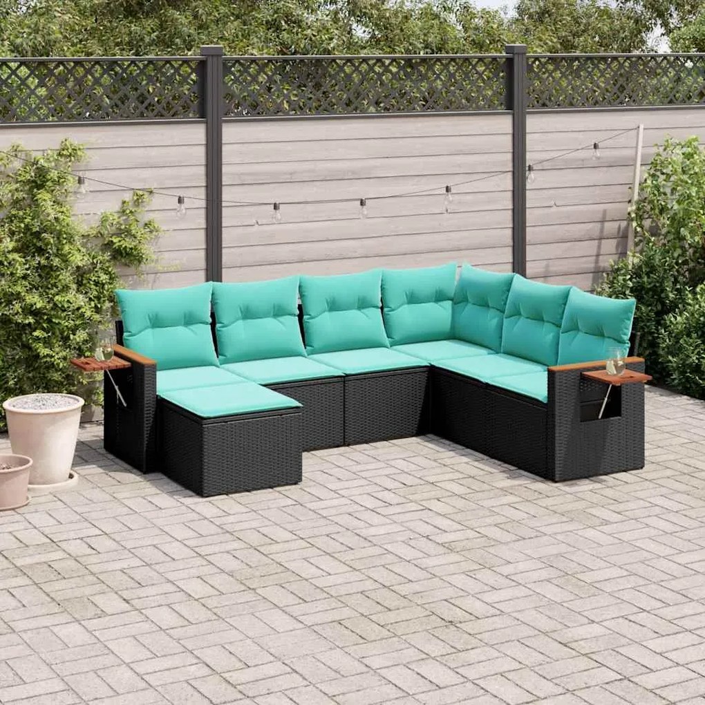 7 pcs conjunto de sofás p/ jardim c/ almofadões vime PE preto