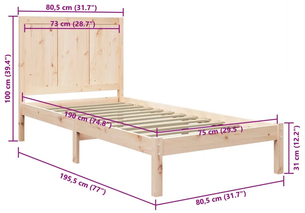 Cama sem colchão 75x190 cm madeira de pinho maciça