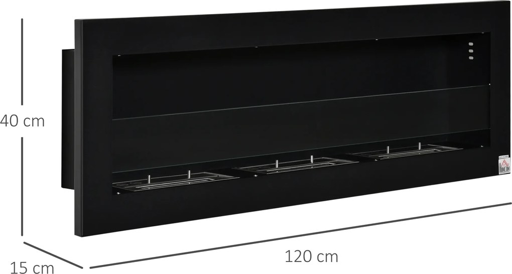 Lareira de bioetanol de parede para encastrar, com 3 queimadores e capacidade total de 3 litros, com cerca de 3 horas de autonomia, dimensões: 120 x 1