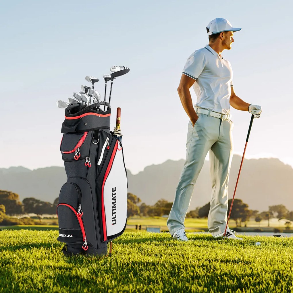 Saco de golfe leve de grande capacidade com 14 divisórias, 8 bolsos, capa para chuva e bolsa térmica para bebidas, 39 x 25 x 128 cm, Preto