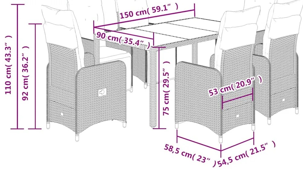 7 pcs conjunto bistrô de jardim c/ almofadões vime PE castanho