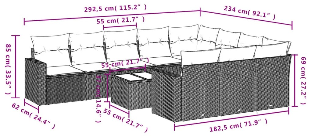 11 pcs conjunto sofás de jardim c/ almofadões vime PE cinzento