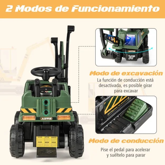 Trator escavadora infantil a bateria 6V com assento giratório para frente/para trás música de movimento 113 x 36 x 39 cm Verde
