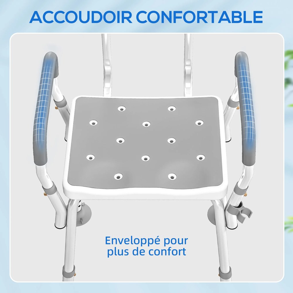 Banco de duche, cadeira de duche ergonómica, altura ajustável, pés antiderrapantes, 56,5 x 53,5 x 87 cm, branco e cinzento