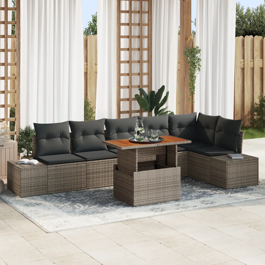 Conjunto de Sofá de Jardim de 7 Peças com Almofadas Cinza de Vime
