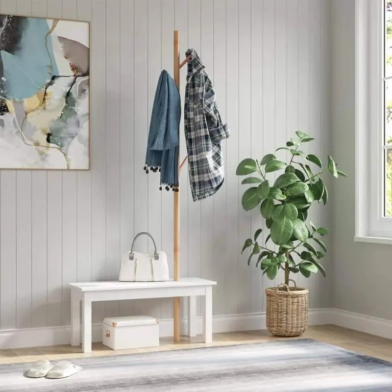 Cabide de Pé Sitten com Banco Integrado – 80x30x180 cm – Bambu e Branc