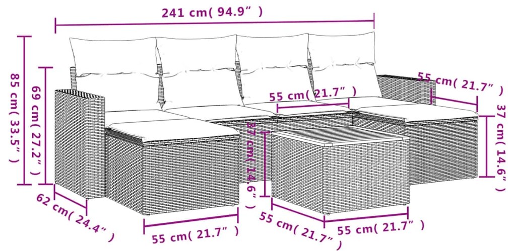 7 pcs conjunto de sofás p/ jardim c/ almofadões vime PE preto