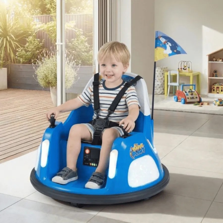Carrinho de choques elétrico infantil 12V com bateria, luzes intermitentes, controle remoto, joystick duplo giratório 360°, azul marinho