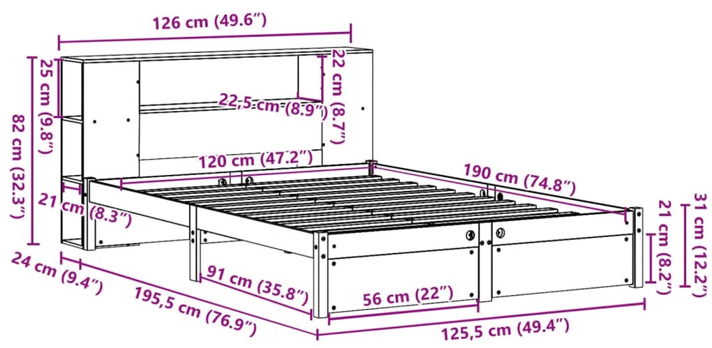 Cama com estante sem colchão 120x190 cm pinho maciço branco