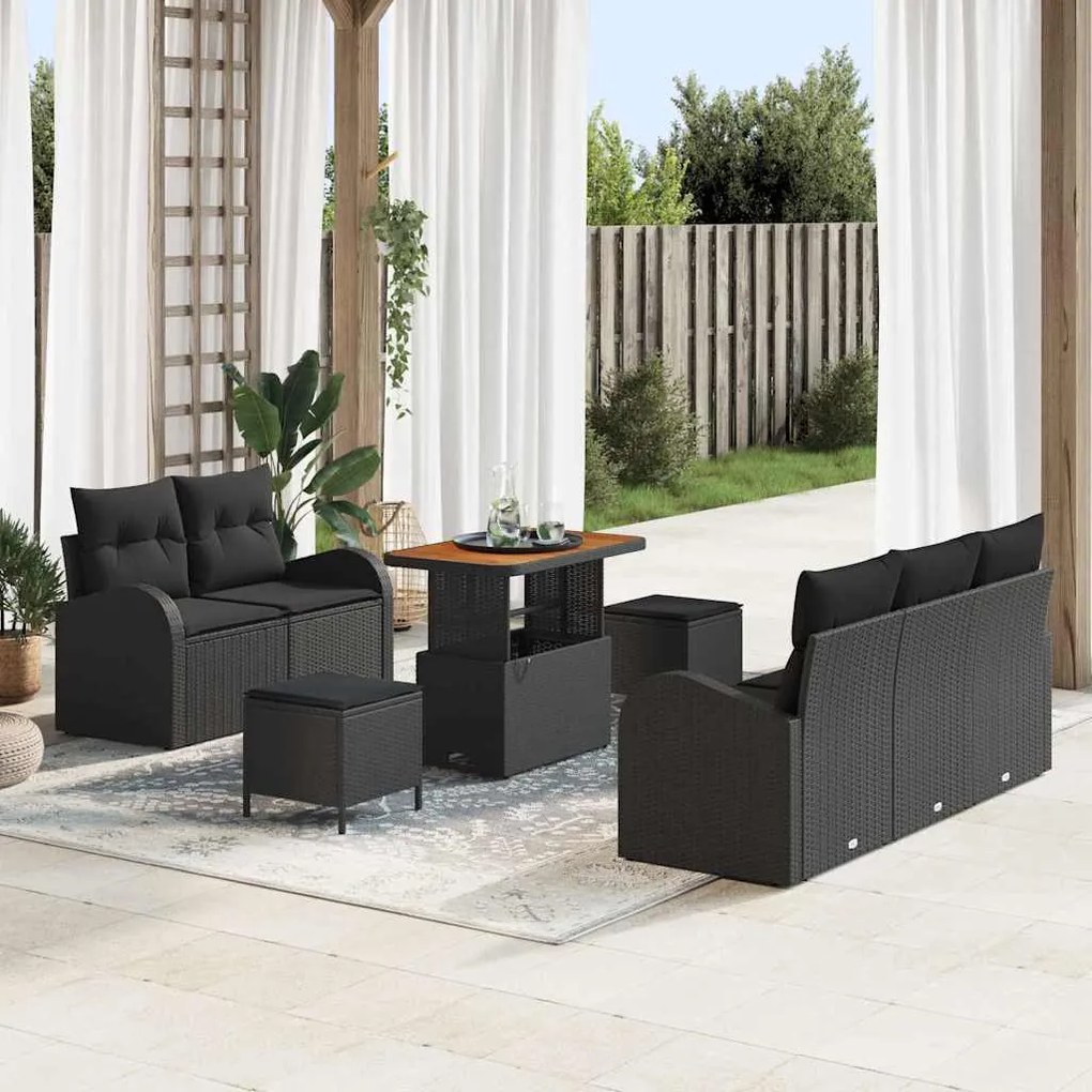 vidaXL Conjunto de Sofá de Jardim 8 Peças com Almofadas, Rattan Preto e Polipropileno, Acácia