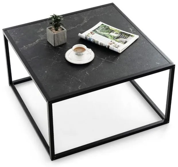 Mesa de centro retangular com efeito mármore e estrutura metálica 70 x 70 x 40 cm branca