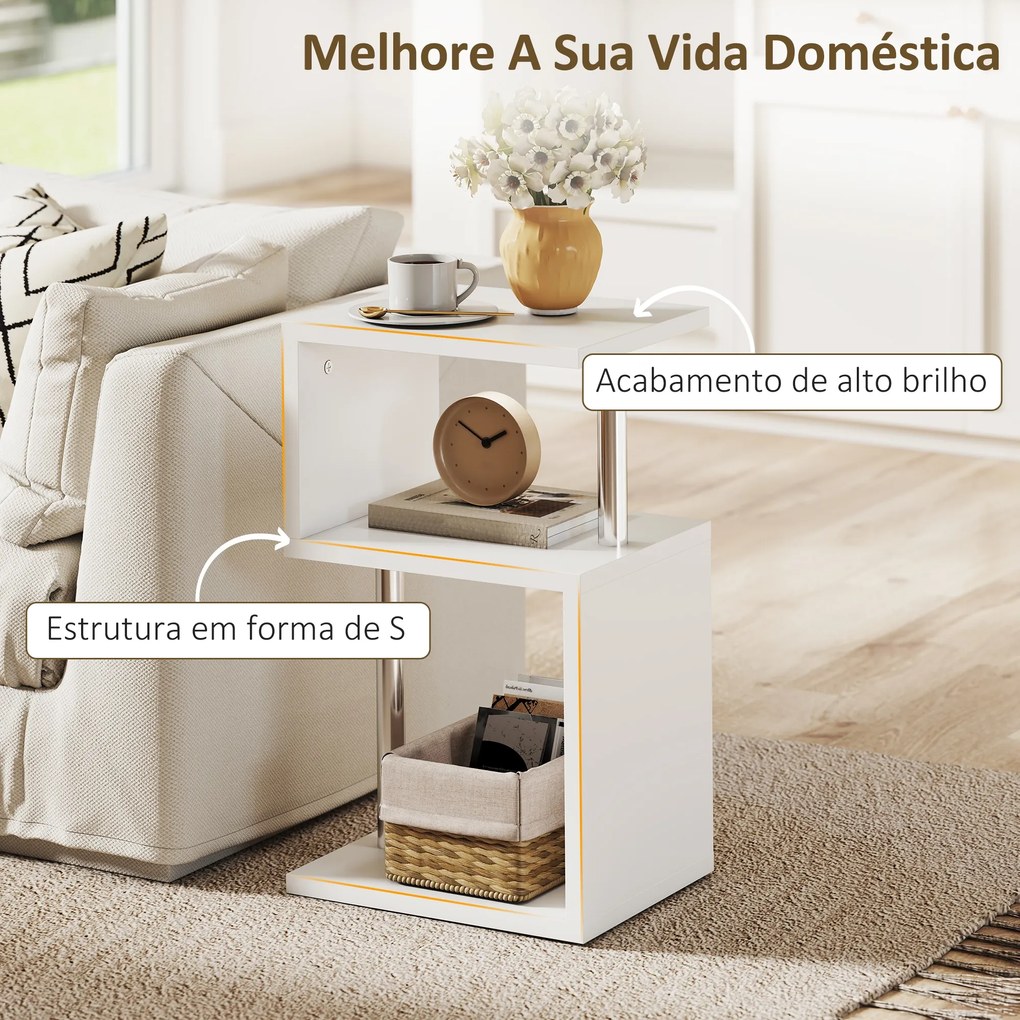 Mesa Auxiliar com Luz LED 3 Níveis Forma de S Prateleiras Abertas e Estrutura em Alumínio 44x38x75 cm Branco