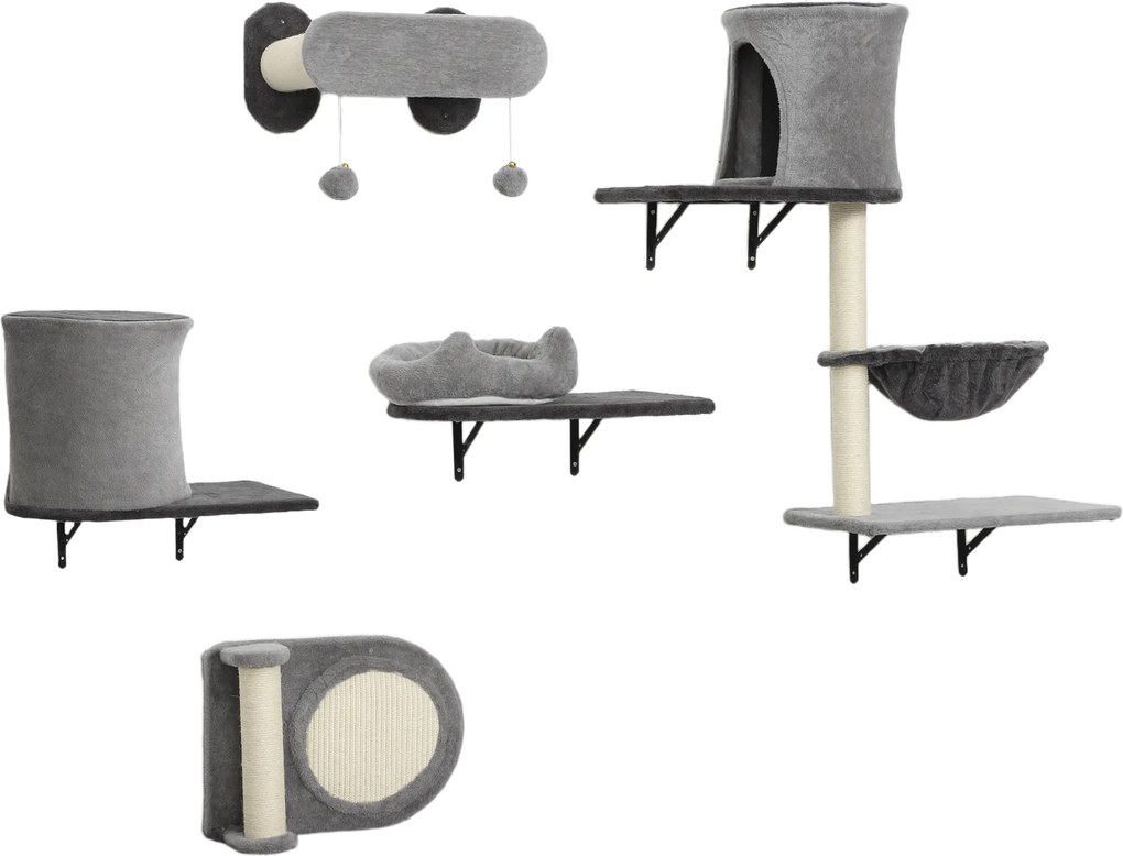PawHut Conjunto de Prateleiras para Gatos de 5 Peças com Hamac e 2 Tocas Arranhadores em Sisal Cinza | Aosom Portugal