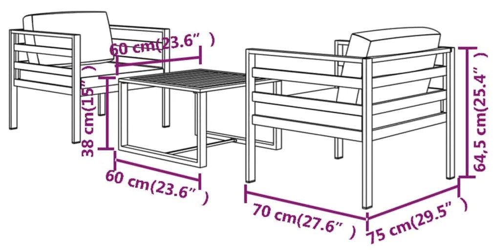 3 pcs conjunto lounge jardim com almofadões alumínio antracite
