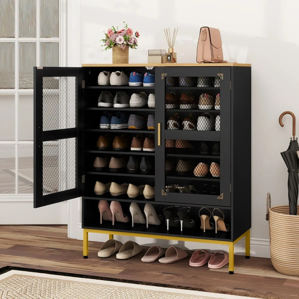 Sapateira de 7 níveis 80 x 37 x 106 cm com portas de malha Organizador moderno para sapatos em madeira com prateleiras ajustáveis Preto