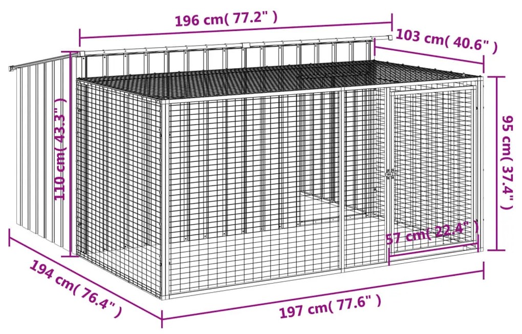 Casota p/ cães c/ parque 197x194x110 cm aço galvaniz. antracite