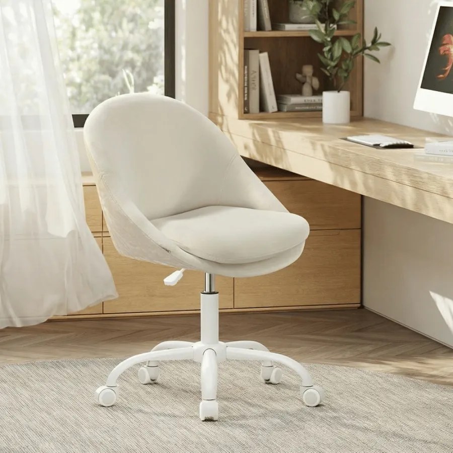 Cadeira para escritório em casa, ajustável em altura, com almofada estofada em branco creme