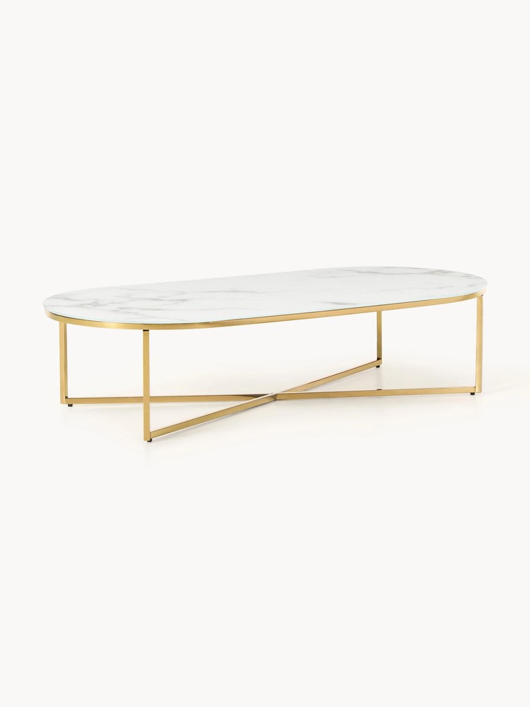 Mesa de centro oval com tampo de vidro com efeito de mármore Antigua
