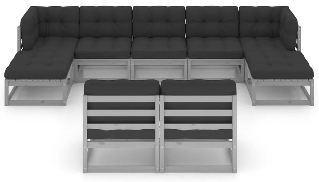 9pcs conjunto lounge de jardim c/ almofadões pinho maciço cinza