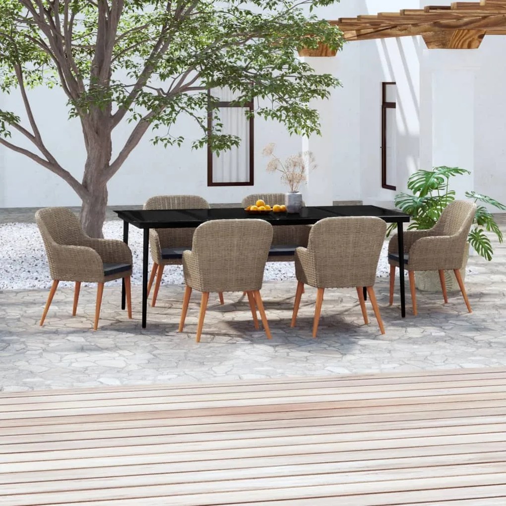 vidaXL 7 pcs conjunto de jantar para jardim com almofadões castanho