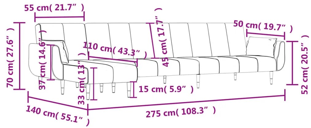 Sofá-cama em forma de L 275x140x70 cm veludo cinzento