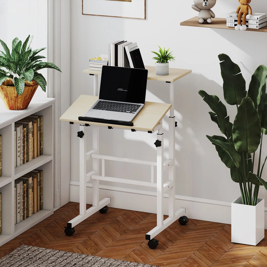 Secretária para trabalhar sentado ou em pé, ajustável em altura, 60 x 60 cm, com rodas, tampo inclinável e estrutura em metal e cor natural